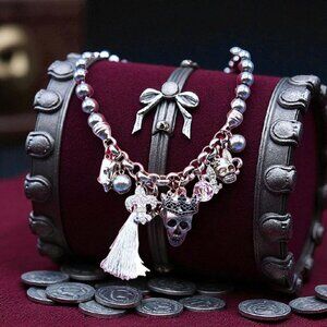 Skull Charm Silver Bead Crowns Heart Fleur de Lis 18" Necklace Gothic Halloween